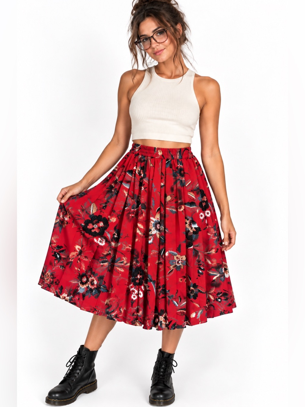 Vintage 90s Alfred Dunner Red Floral Midi Skirt Size 10 Elastic Waist
